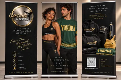 Banners roll-up da Capoeira in Motion em preto e dourado.