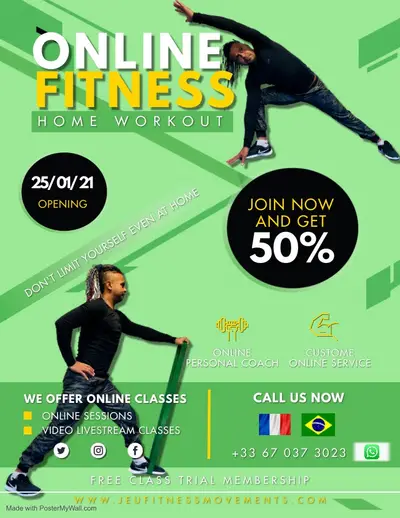 Flyer verde e amarelo de treino em casa online da Jeu Fitness Movements, com oferta de lançamento de 50%.