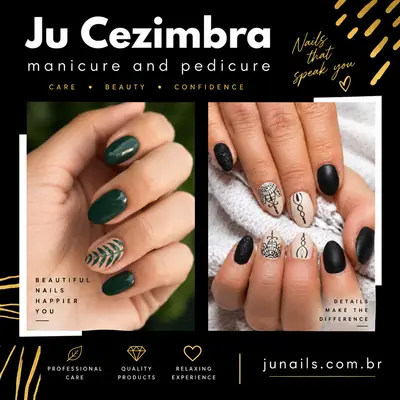 Post preto e dourado de manicure e pedicure da Ju Cezimbra, com duas fotos de nail art e o site junails.com.br.