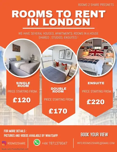 Flyer laranja da Rooms 2 Share, quartos para alugar em Londres: quartos de solteiro, de casal e com banheiro privativo, com preços a partir de.