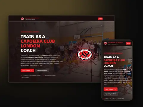 The Capoeira Club Coach web app, built by CZ Digital Studio, on a desktop screen and a phone